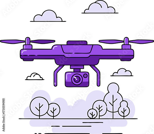 Drone camera aerial technology flight sky landscape, flat design vector illustration