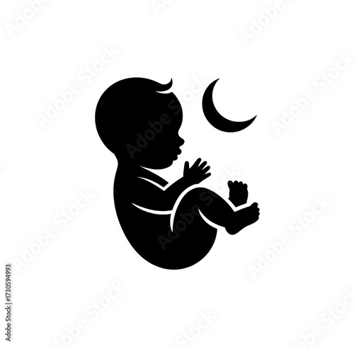 Silhouette of a newborn baby in fetal position with a crescent moon isolated on white background isolated on transparent background