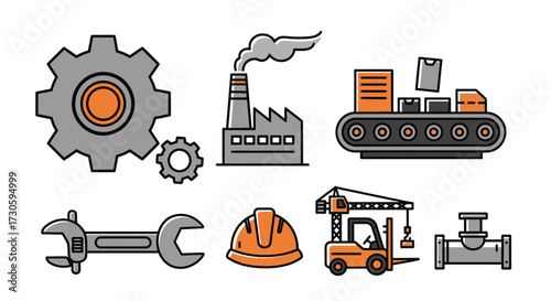 Colorful Flat Design Industrial Icons Set - Gears, Factory, Conveyor, Wrench, Hard Hat, Forklift, Pipes.