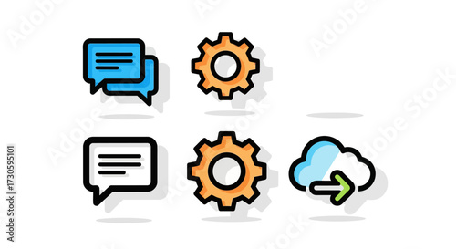 Colorful Flat Icons - Chat Bubbles, Gear, and Cloud Upload.