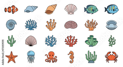 Colorful Collection of Marine Life - Fish, Shells, Coral, Starfish, and Sea Creatures.