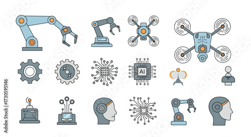 Colorful flat line icon set of artificial intelligence, robotics, and automation technology, including drones, AI chips, and robotic arms.