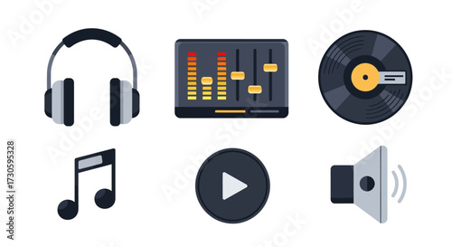 Colorful Music Production Icons - Headphones, Mixer, Vinyl, Note, Play Button, Speaker.