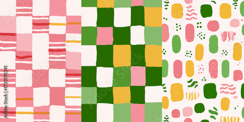 Abstract patterns squares, stripes, organic shapes on light cream