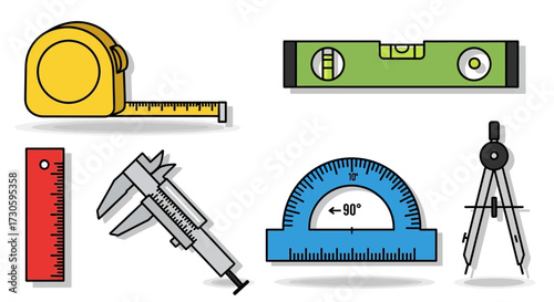 Colorful Measuring and Drafting Tools Set for Design and Construction.