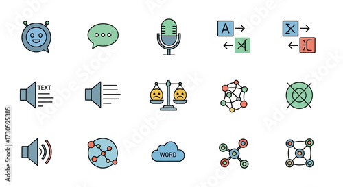 Colorful outline technology icons set, including AI, sound, data, and communication symbols.