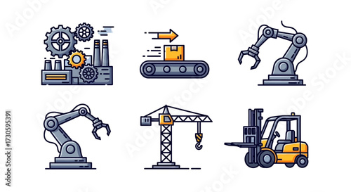 Colorful Industrial Icons Set - Factory, Conveyor, Robotic Arms, Crane, Forklift.
