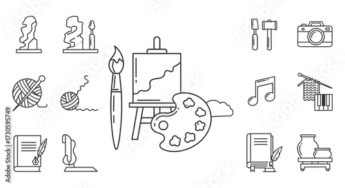 Creative Hobbies and Arts Icon Set Featuring Painting, Music, and Crafts in Line Art Style.