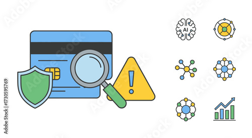 Credit Card Security Check - Magnifying Glass, Shield, and Warning Icon.