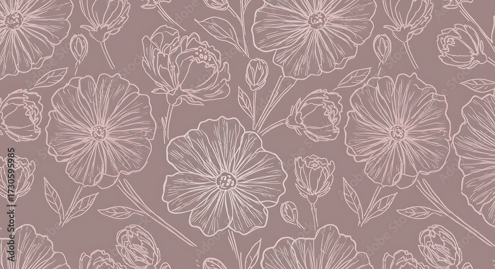 Fototapeta premium Abstract scribble line art flowers seamless background, minimalist hand-drawn botanical doodle