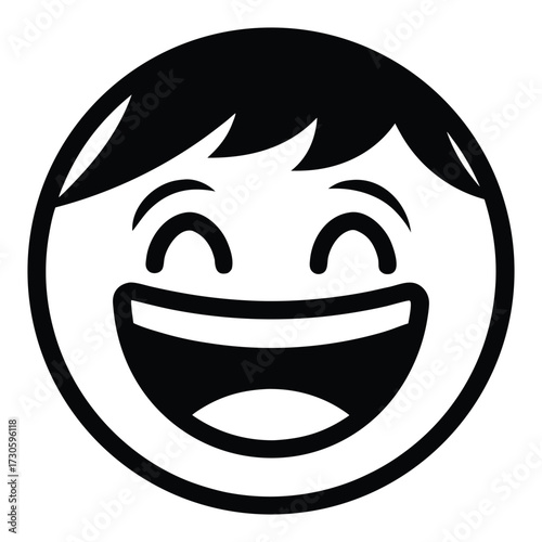 Black and white cartoon face laughing with eyes closed and wide open mouth happy