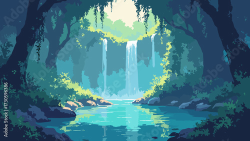 Submerged cenote pool lit by shafts of sunlight piercing jungle canopy, no people