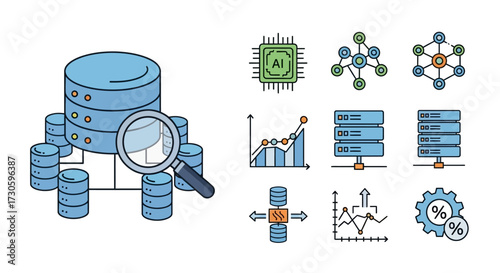 Database with Magnifying Glass and AI Icons, Data Analysis Concept.