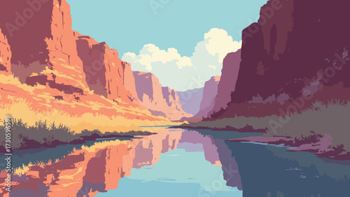 Sandstone cliffs mirrored in a narrow desert river canyon, golden reflections, no people