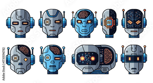 Diverse Collection of Futuristic Robotic Heads with Intricate Designs.