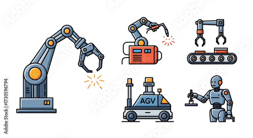 Diverse Industrial Robotic Arms and Automated Systems Collection.