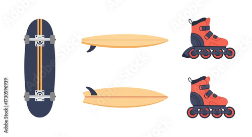 Dynamic sports equipment collection - striped skateboard, wooden surfboards with fins, and orange inline skates.