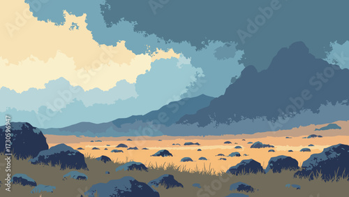 Barren high plateau dotted with boulders and sparse tundra moss, storm approaching, no people