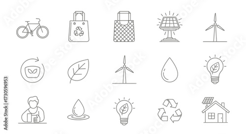 Eco-Friendly Icons - Sustainable Living, Renewable Energy, and Environmental Awareness.
