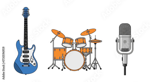 Electric Guitar, Drum Set, and Microphone - Musical Instruments Illustration.