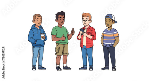 Diversity depicted through four cartoon style men embracing modern lifestyles and technologies