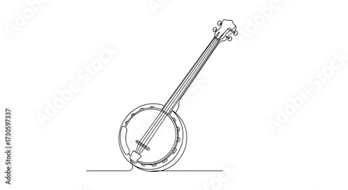 Elegant single line drawing of a banjo on white, showcasing minimalism and musical instrument