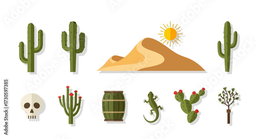 Flat design desert icons set - green cacti, sand dune, sun, skull, lizard, barrel, and dead tree elements.