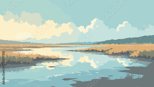 Tidal estuary with winding mudflats, sandbars and shimmering light, no people