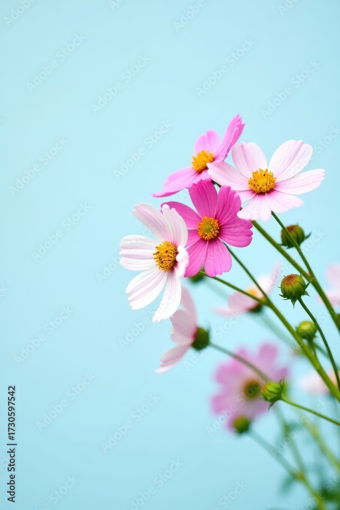 Fototapeta premium Delicate cosmos flowers in shades of pink, white and yellow bloom against a soft, light blue backdrop, forming a fresh and vibrant floral arrangement, captured in a natural outdoor setting, offering.