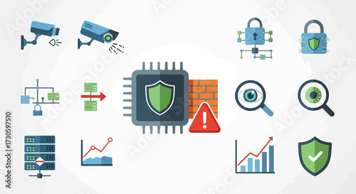 Flat Icons Representing Cybersecurity Systems and Processes.