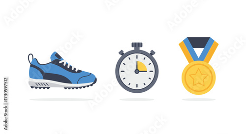 Flat vector icon set for running and athletics - a blue sneaker, a stopwatch, and a gold medal.