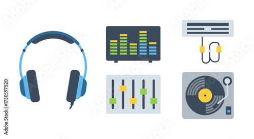 Flat vector icon set of music and audio equipment, including headphones, equalizer, turntable, mixer, and stereo player.