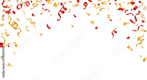 Festive atmosphere created by falling red and gold ribbons with confetti decoration