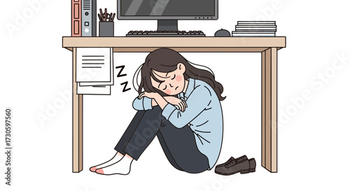 Exhausted office worker taking a nap under the desk during a stressful workday situation