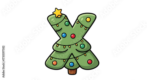 Festive letter X transforming into a cheerful cartoon Christmas tree illustration