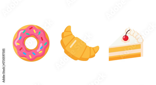 Flattened Cartoon Donut, Croissant, and Cake Slice Icons.