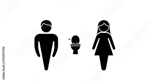 Gender inclusive restroom icons featuring male, female and centrally positioned lavatory