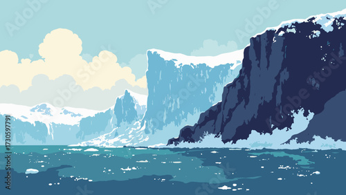 Jagged arctic coastline with pack ice pressing against black cliffs, no people