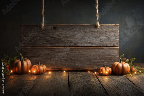 Spooky Halloween Night with Wooden Sign and Glowing Pumpkins