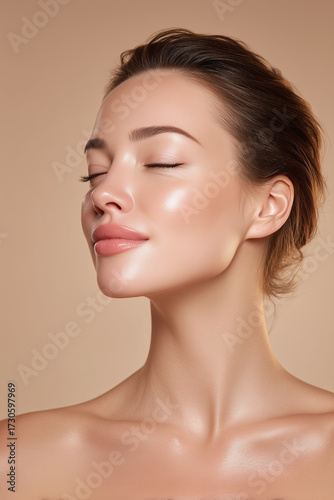 Glowing woman with smooth skin and closed eyes showing serene expression and natural beauty in soft warm lighting, highlighting flawless complexion and healthy glow