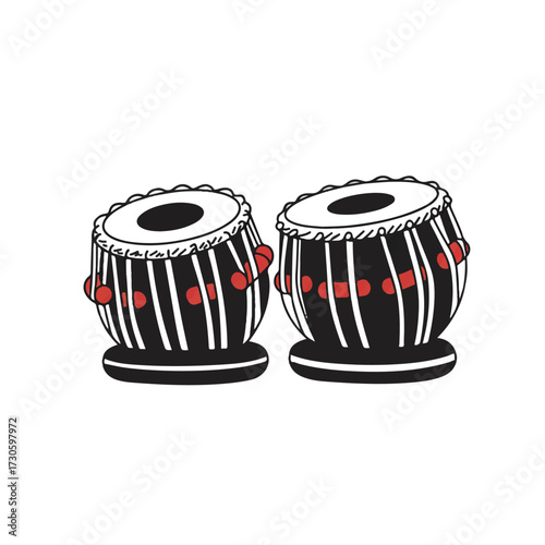 Vibrant flat 2D vector illustration showcases traditional Indian tabla drums with their distinctive two-piece percussion set, isolated on a clean white background.