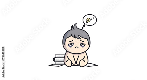 Illustration of tired student with sleep bubble after studying many books and papers