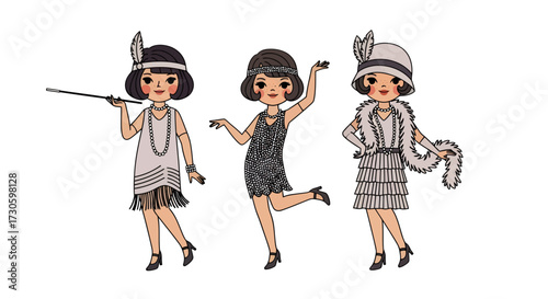 Illustrations of three young women dressed in 1920s flapper attire cartoon style image