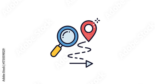 Illustration symbolizing path discovery with magnifier and location marker navigation