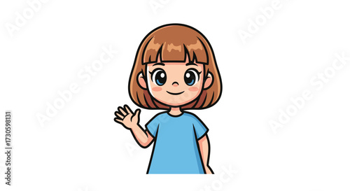 Illustrative cute little girl cartoon waving hello full body isolated cheerfully presenting