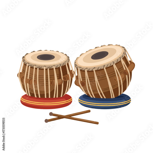 A flat 2D vector illustration showcases a traditional Indian tabla drum pair with accompanying drumsticks, presented on a clean, plain white background.