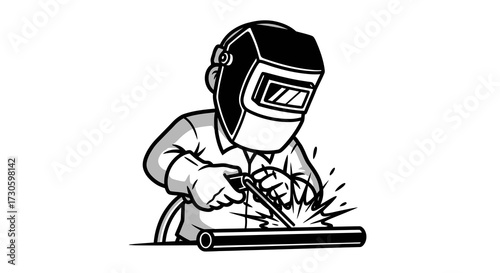 Industrial process art: Monochrome stylized vector graphic of a welder in action with safety gear