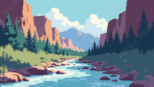 Misty pine canyon with steep cliffs and rushing stream, no people