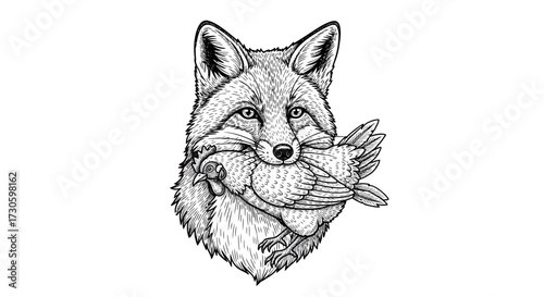 Intricate monochrome artwork depicting a fox carrying a chicken in its mouth with detailed line
