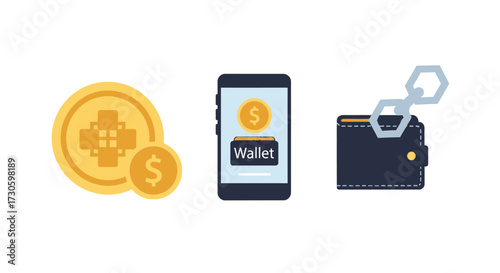 Golden coins, smartphone mobile wallet app, and secure bifold wallet for financial transactions.